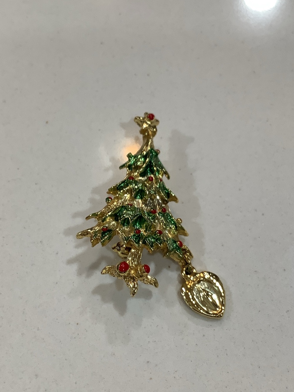 Gold-tone Green Christmas Tree Brooch with Red Accents
